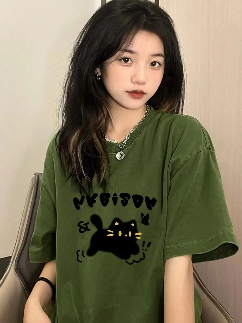 

Pure cotton army green Korean version retro cartoon cat short sleeved T-shirt for women summer chic loose casual top T-shirt y2k