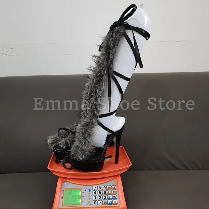 موضة رمادي الفراء الديكور أحذية نسائية الصيف عالية الكعب منصة سميكة القاع أحذية الرقص خنجر الدانتيل يصل الصنادل الحفلات #1