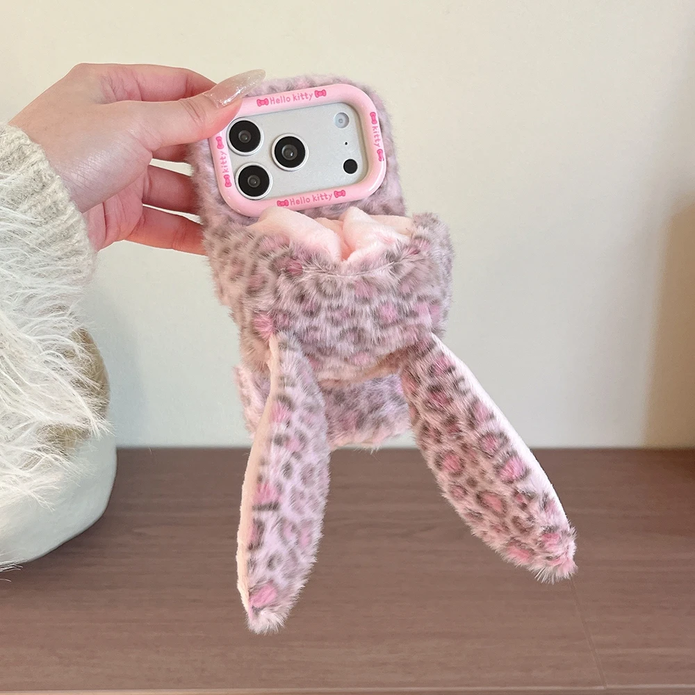 3D Hasen Softcase für iPhone 13 14 15 Plus 16 17 Pro Max Lustige Winter Warme Künstliche Leoparden-Mütze Kaninchenfell Stoßfeste Hülle – Detail 7
