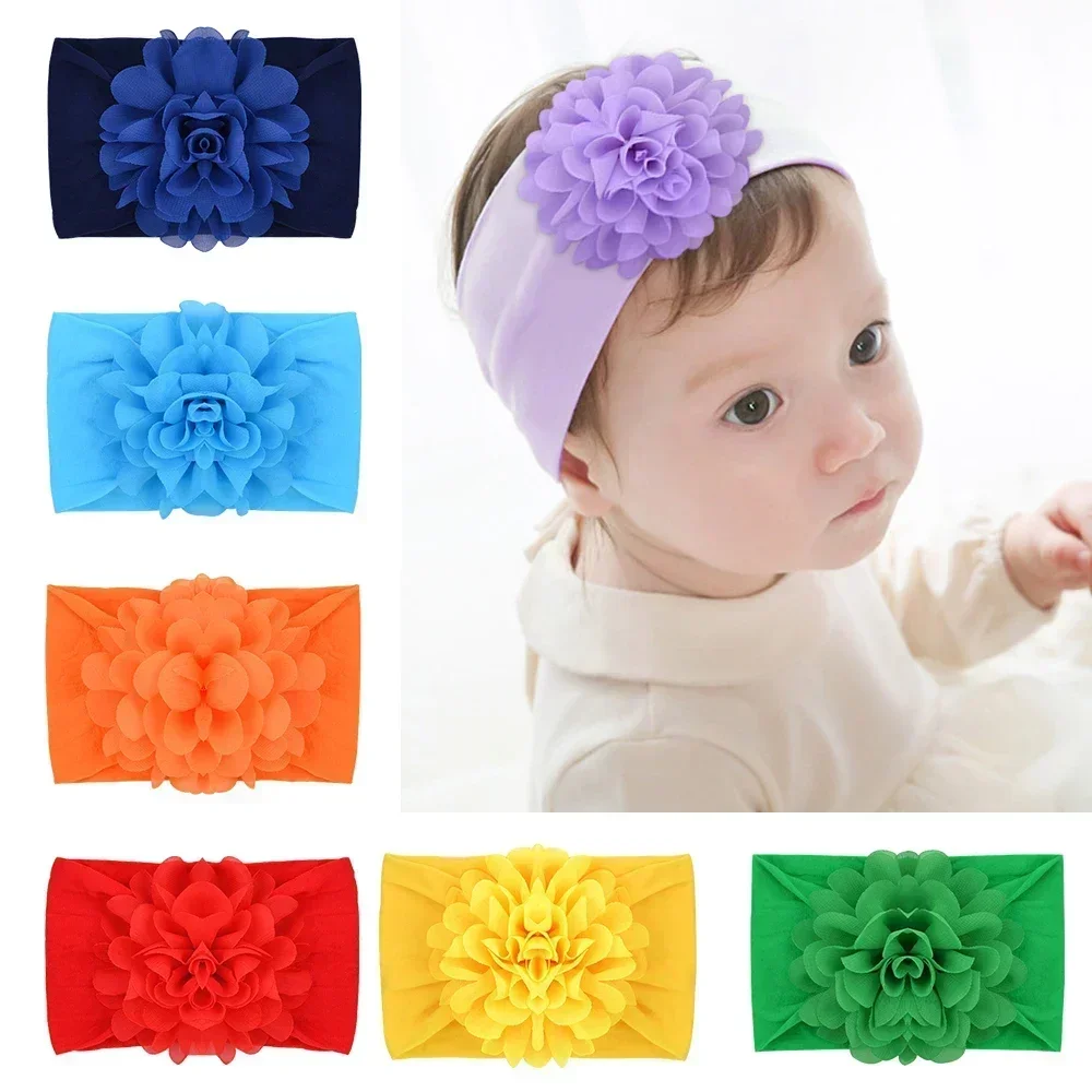 1Pcs Baby Girls Soild Color Big Chiffon Flower Headband Children Toddle Wide Turban Elastic Nylon Headwear Hair Accessories