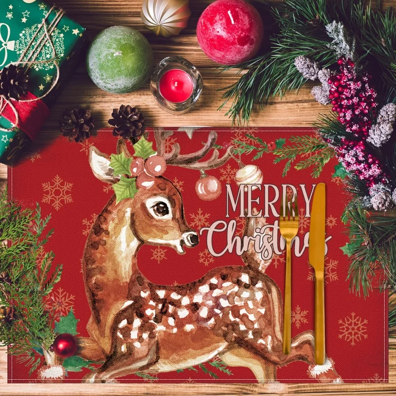 Christmas Deer Snowflake Linen Placemats, Red Background Printed Table Mats, Xmas Holiday Dining Decor