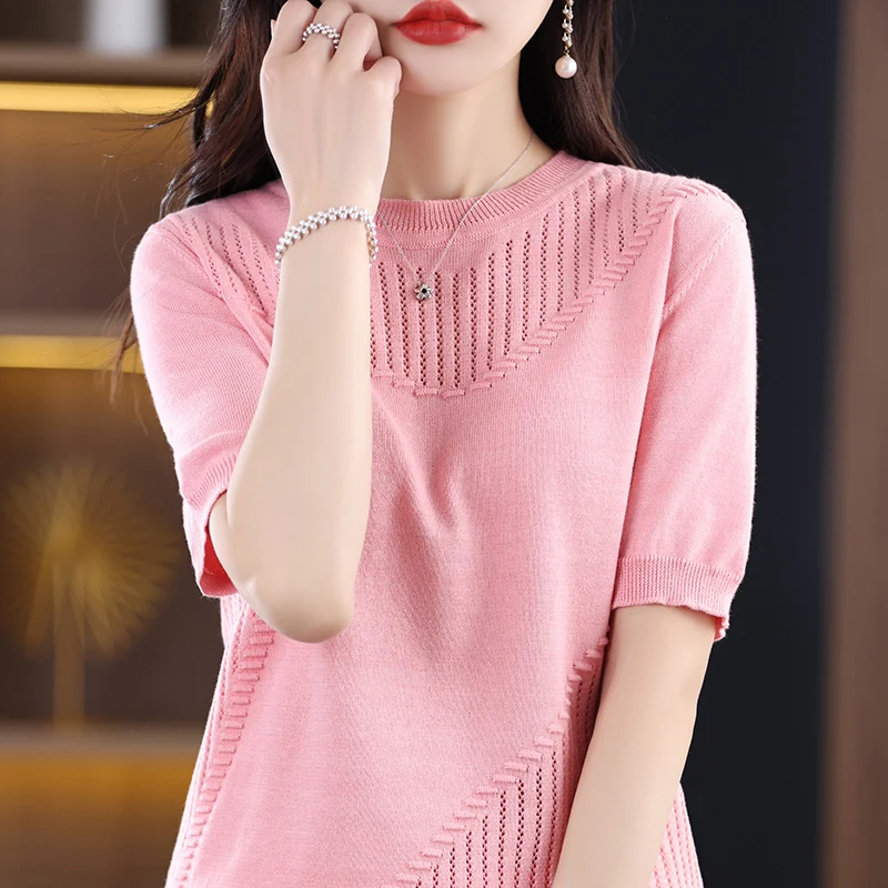 Summer New Pure Cotton Women's Round Neck Solid Color Hollow Out T-Shirt Fashion Casual Loose Thin Soft Top Short Sleeve