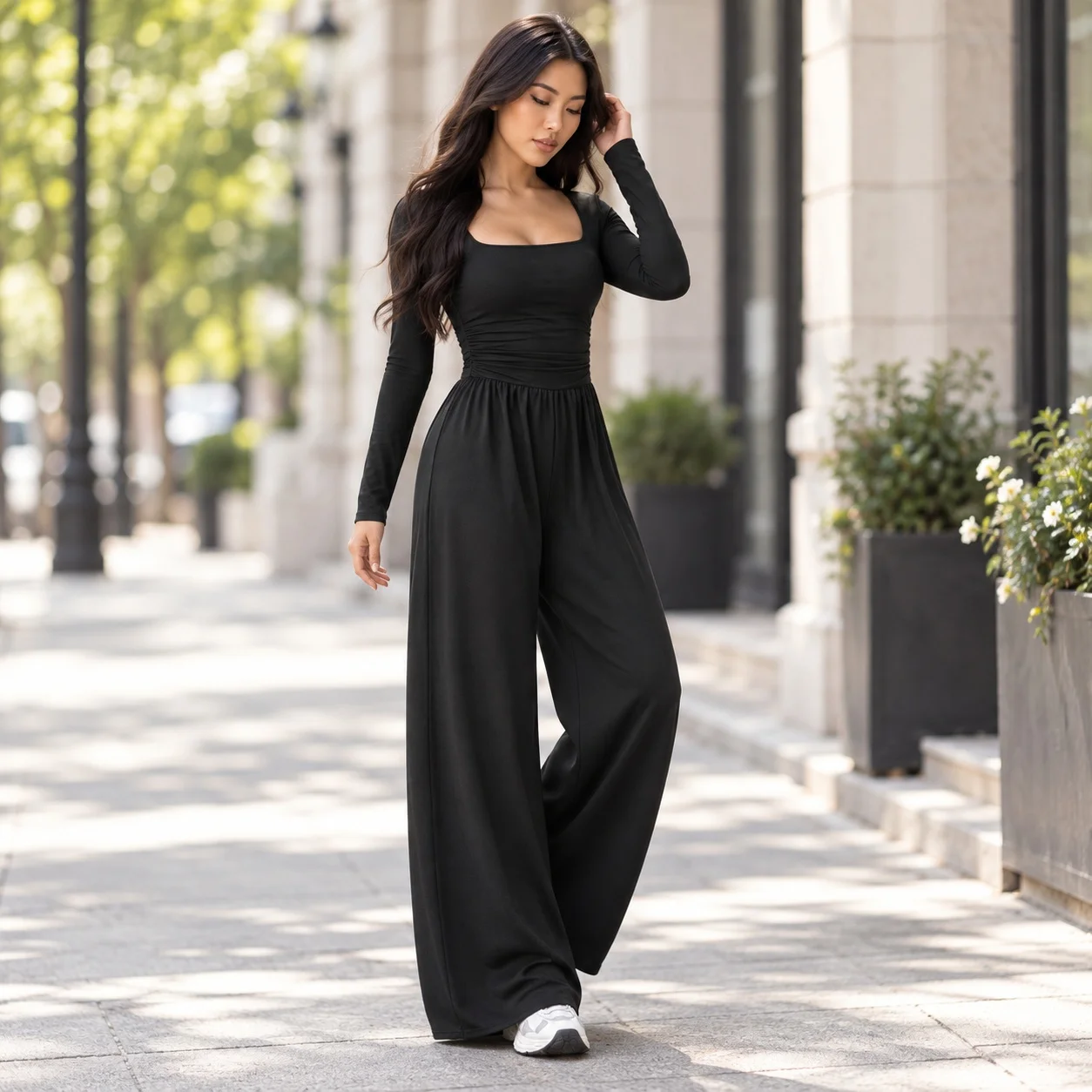 High Waist Wide Leg Pants with Pleated Full Length Streetwear Women Jumpsuit Long Sleeve Spring High Temperature Setting