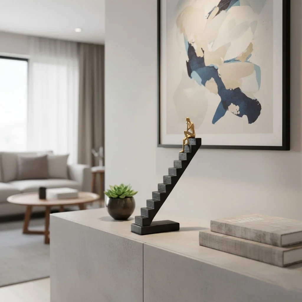 Modern Thinker on Stairs Sculpture Art | Nordic Climbing Man Figurine Resin Decor | Inspiring Home Office Gift Mantel Decoration