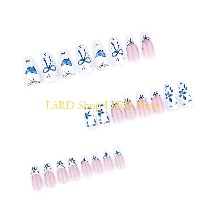l8rd 24x 푸른 꽃 스틱 손톱 짧은 아몬드 거짓 손톱 프렌치 팁 프레스 네일