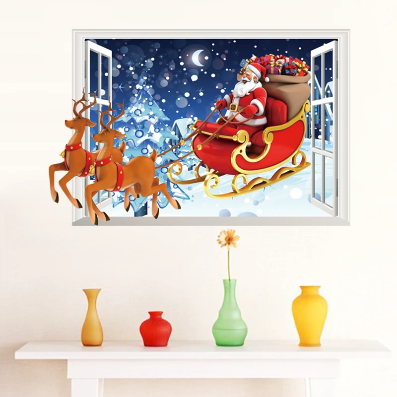 Santa Claus Merry Christmas 3d Window Wall Decal Living Room Decorative Sticker Mural Art Peel And Stick Kids Gift