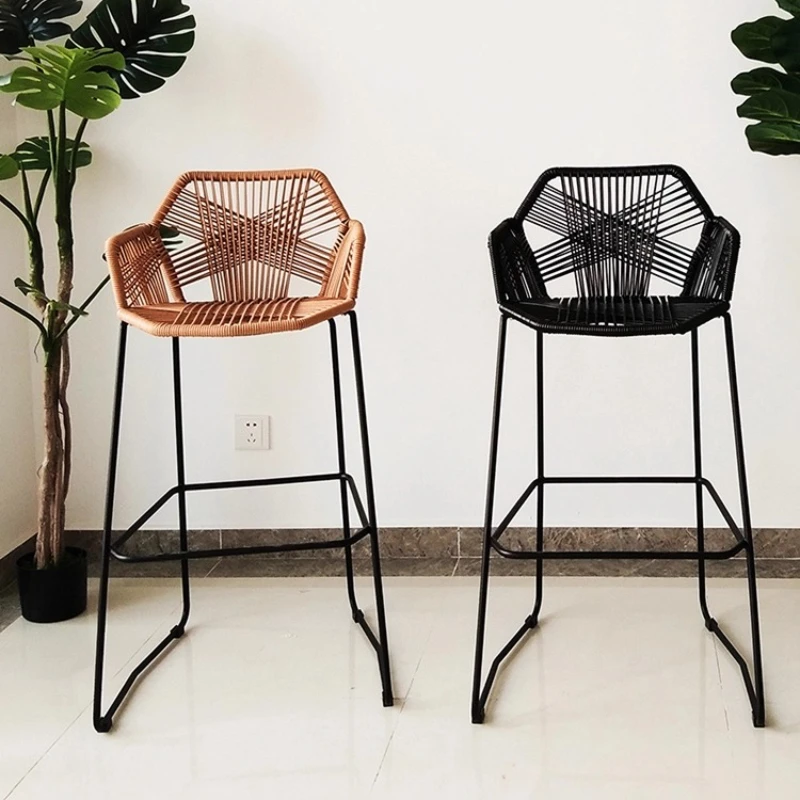 Scandinavian Rattan Bar Stool Handwoven High Counter Chair Outdoor Patio Backrest Seat Height Bar Chairs for Balcony Reception