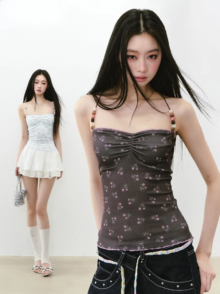 

Vintage Flower Printing Harajuku Tanks Women Beads Halter Slim Fit Fairy Camisole Summer Sexy Y2k Aesthetic Pleated Tank Top