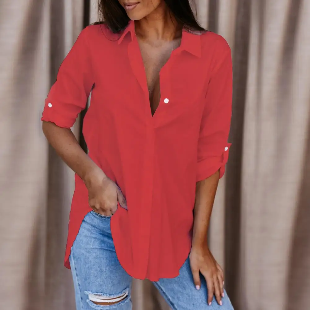 Women Shirt Lapel Solid Color V Neck Ladies Blouse Turndown Collar Long Sleeve All Match Blouse For Party Female Clothes