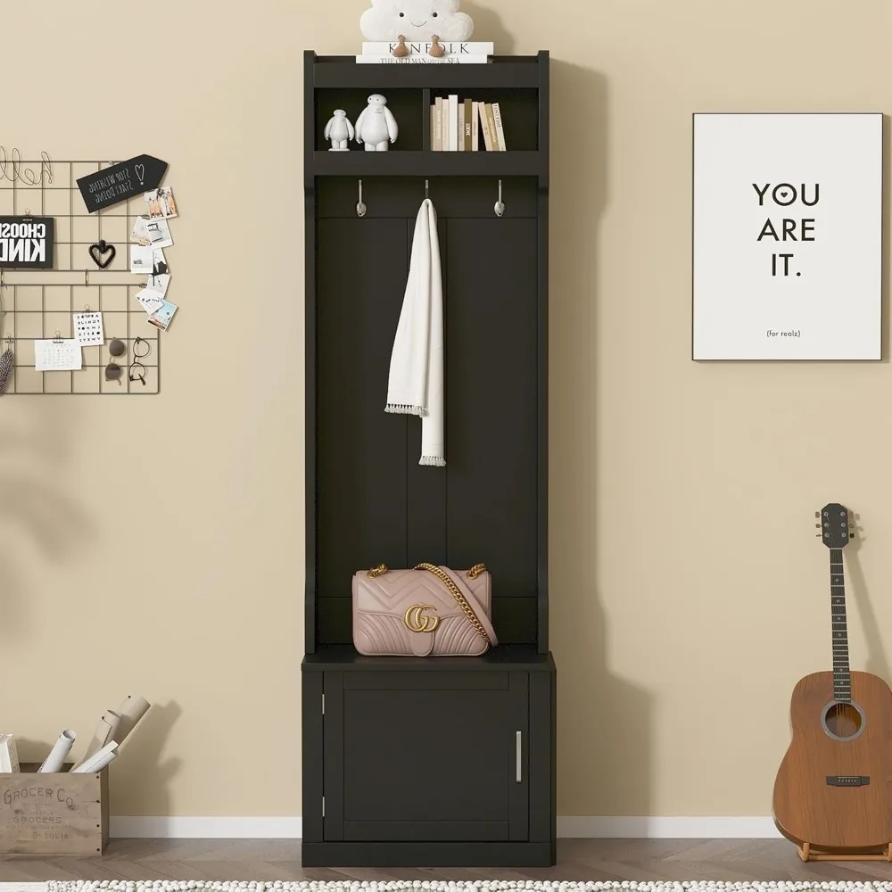 

23.6" Coat Rack w/Storage Cabinet, Coat Rack with 6 Hanging Hooks, Multi-Functional Storage Bench with Open Shelves