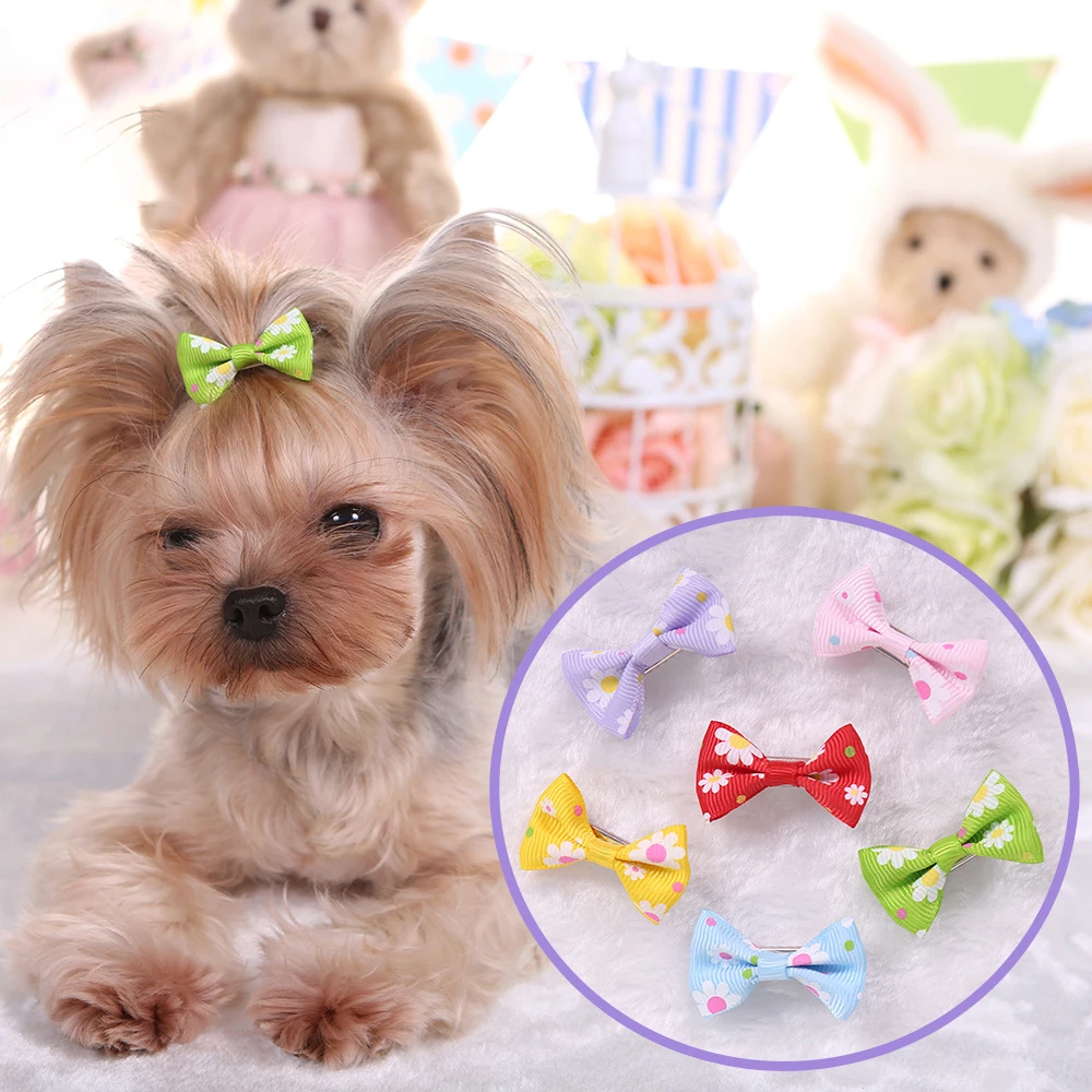 10PCS Color Random Dog Kitten Puppy Cute Pet Grooming Floral Solid Cotton Bow Flower Hairpins Butterfly Hair Clips Hair Barrette