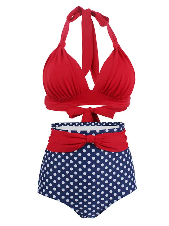 

Сексуальное бикини с высокой талией и принтом тай-дай в стиле ретро, красный цвет в горошек, раздельный купальный костюм с большой грудью, женский трансграничный спортивный костюм...