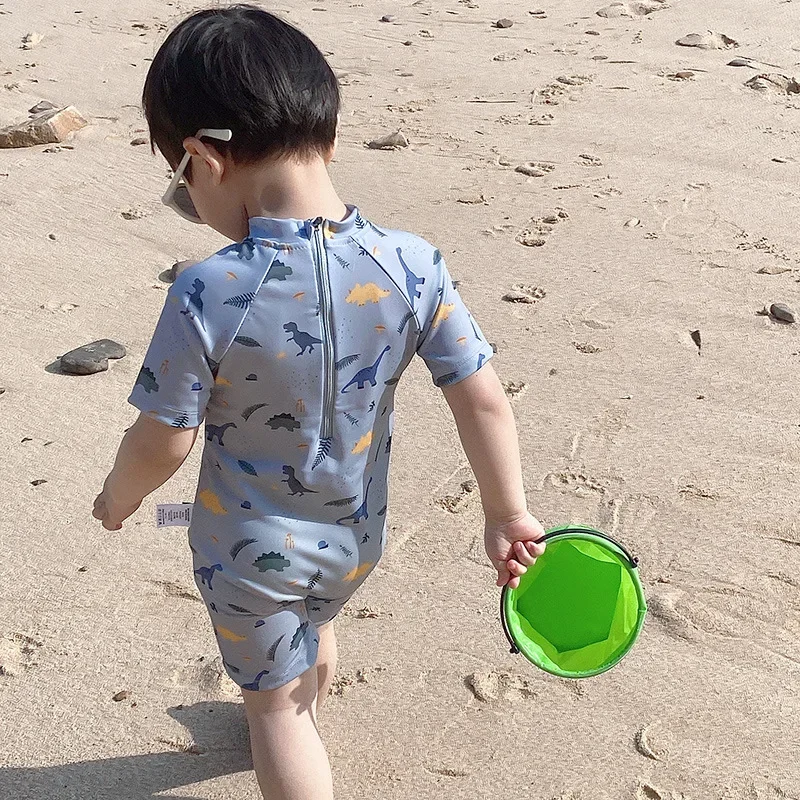 Summer Kids One Piece Swimsuit Baby Boys Short Sleeve Sunscreen Cartoon Dinosaur Surfing Suit Swimwear Toddler Bathing Suit