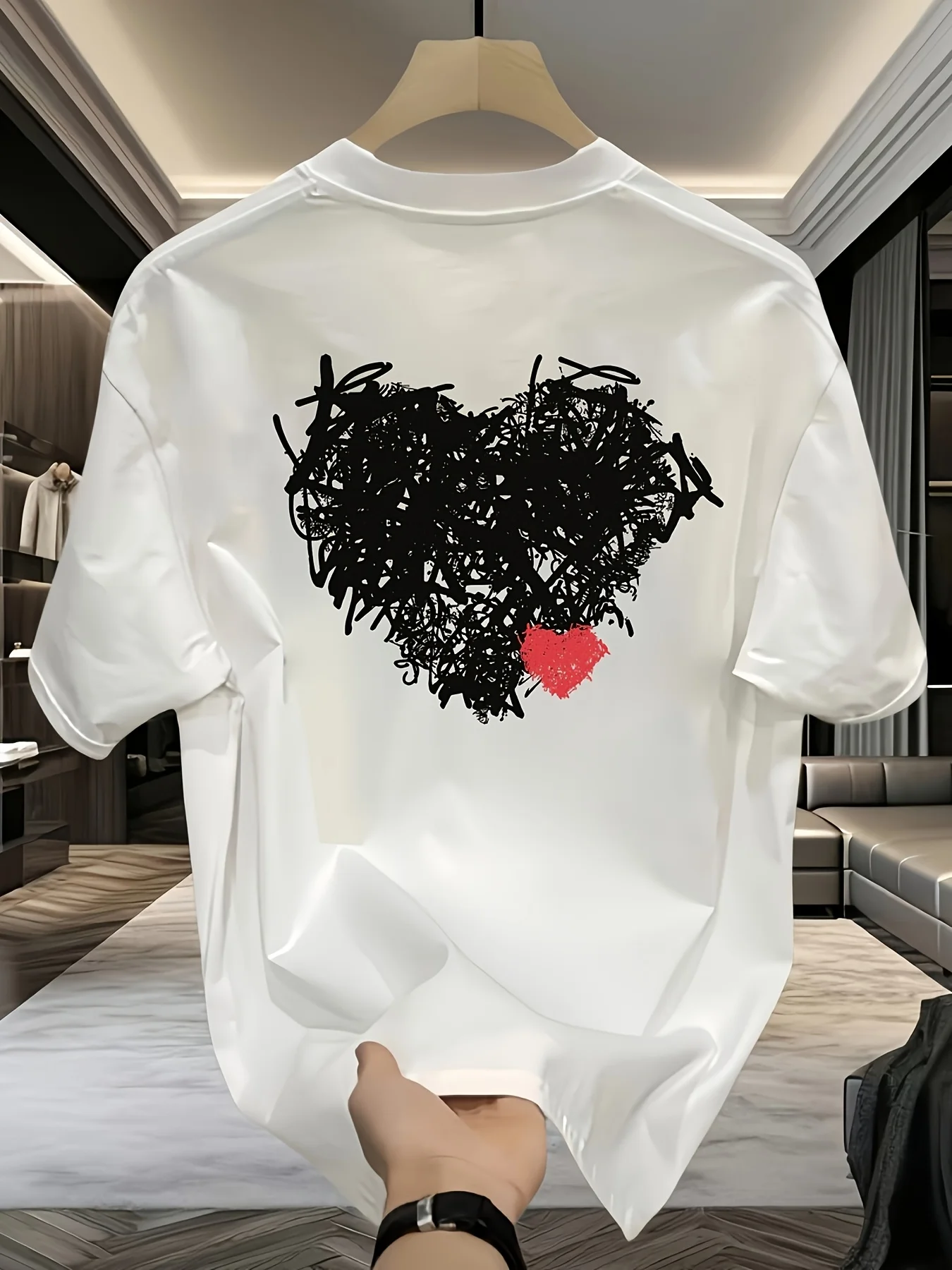 

Men'sGraphic T-Shirt - Black Geometric Heart Print,Machine Washable Round Neck Short Sleeve Top for Teens & Young Adults