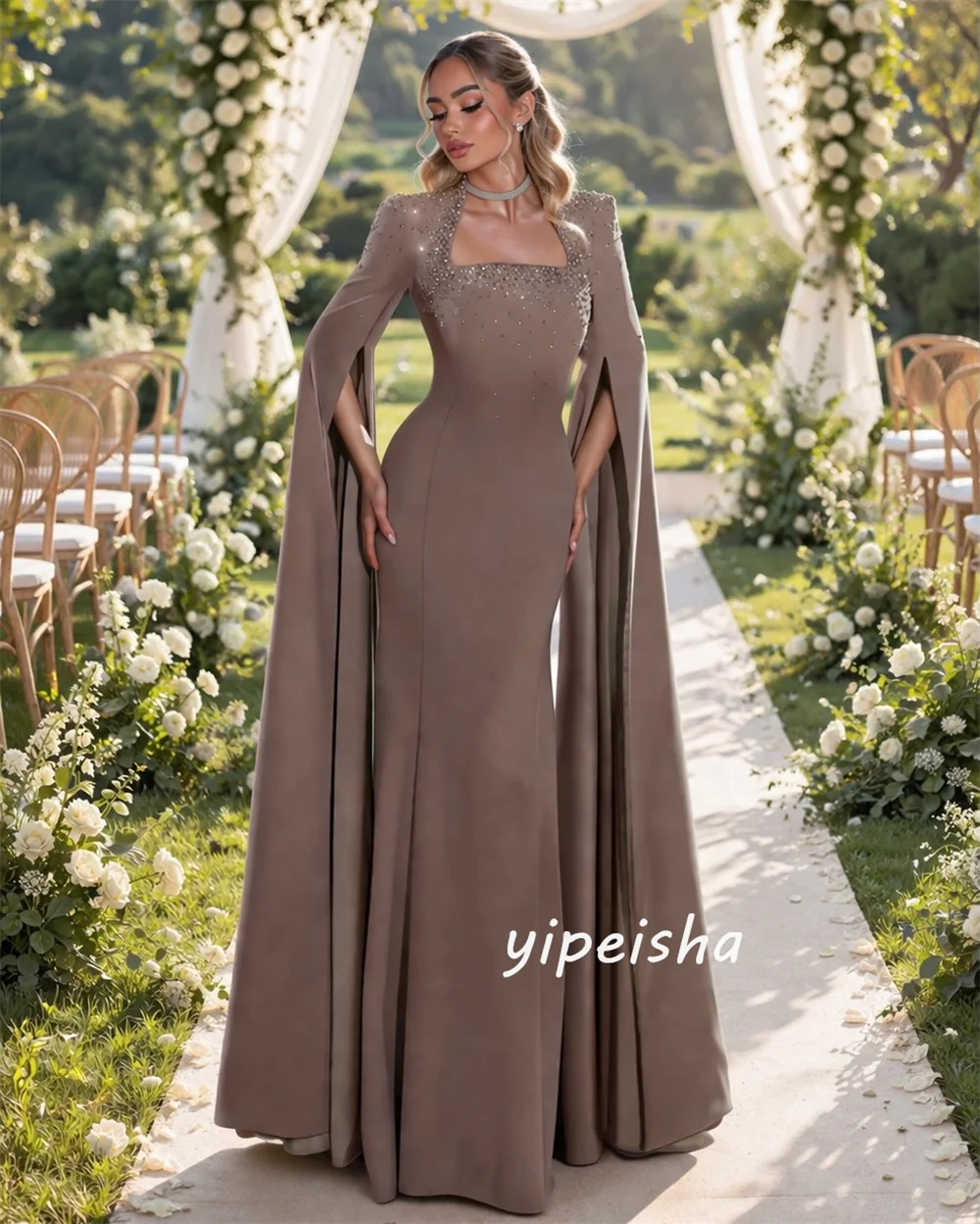 Customized Luxury Matching Jersey Pleat Beading Sequined Mermaid Square Neck Floor-Length Evening Dresses Fashion 3