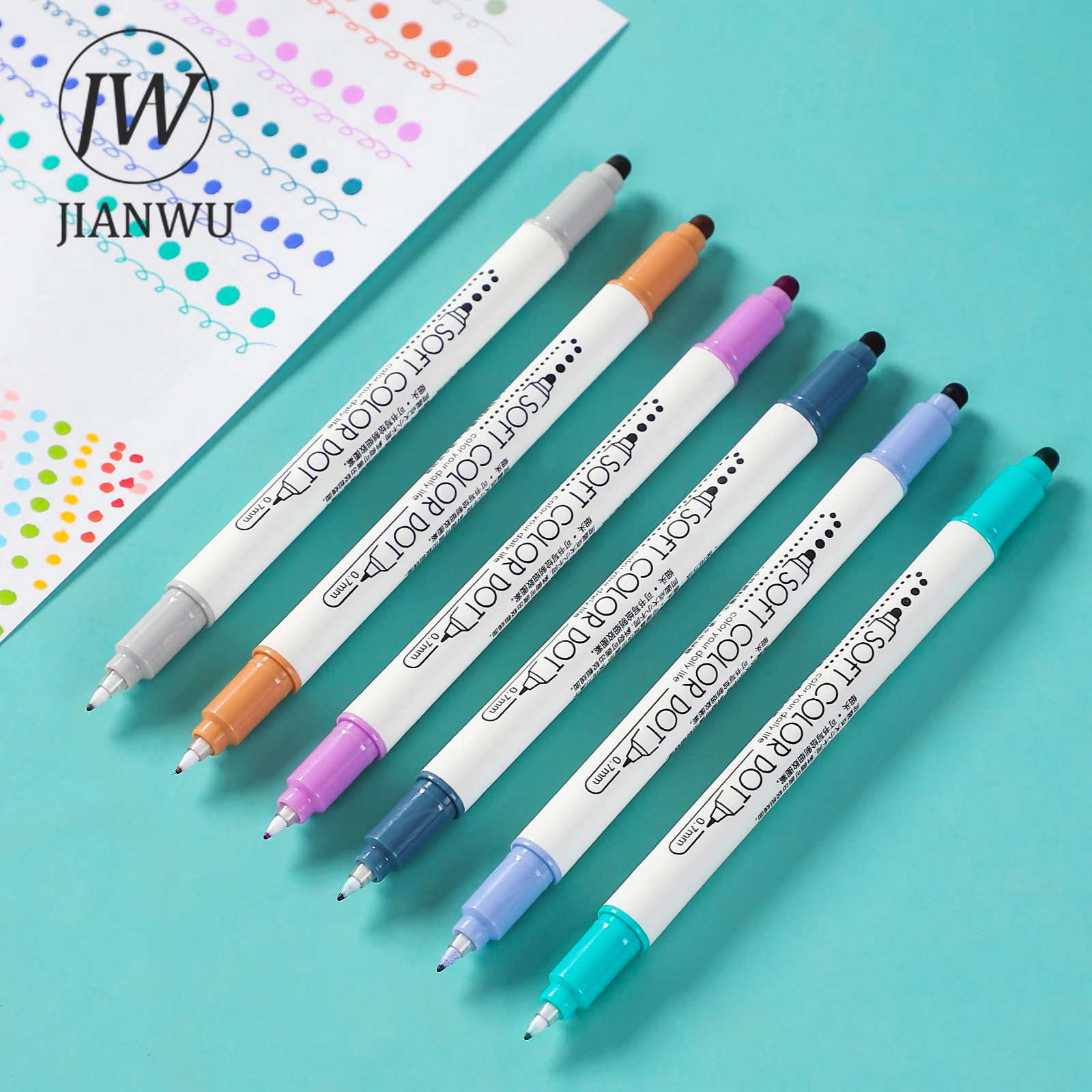 JIANWU 6Pcs/Set Cute Creative Double Head Highlighter Polka Dot Soft Color Pen Student Drawing Marker Kawaii Stationery Supplies