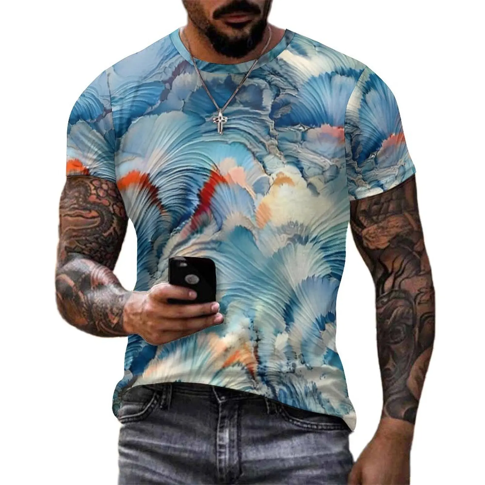 Male Blue Ink Flow Abstract Texture Print T-Shirt Harajuku T Shirts Short Sleeves Graphic Tops Original Streetwear Oversize Tees