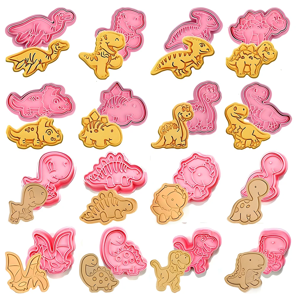 8 Pieces Dinosaur Cookies Cutter Santa Claus Dough Stamp Plastic Pressable Biscuit Mold Confectionery Baking Pastry Bakeware