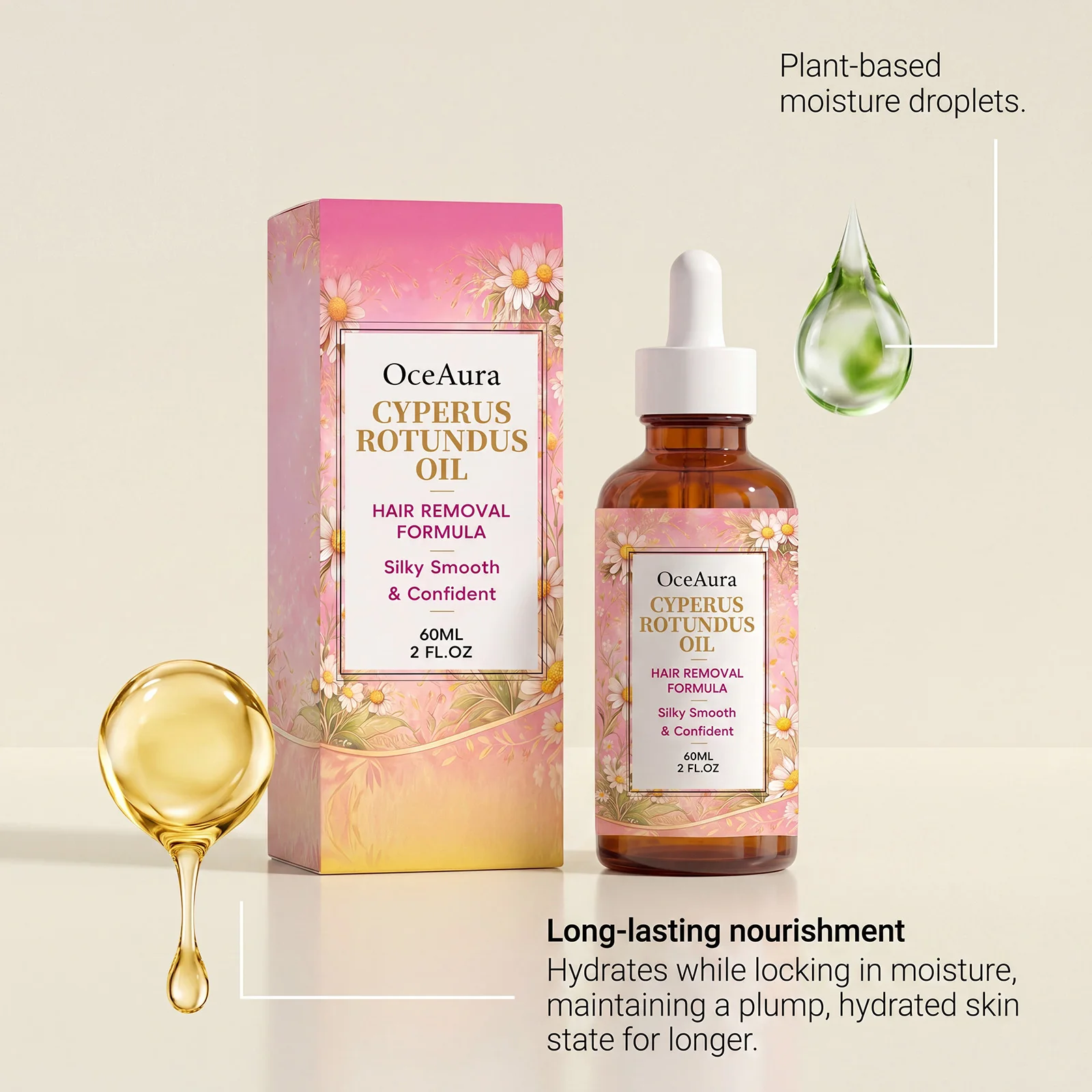 OceAura Cyperus Rotundus Oil Hair Removal Minimizing Oil After Shave Smoothing Hydrating Body Care Armpit Leg Arm 60ml