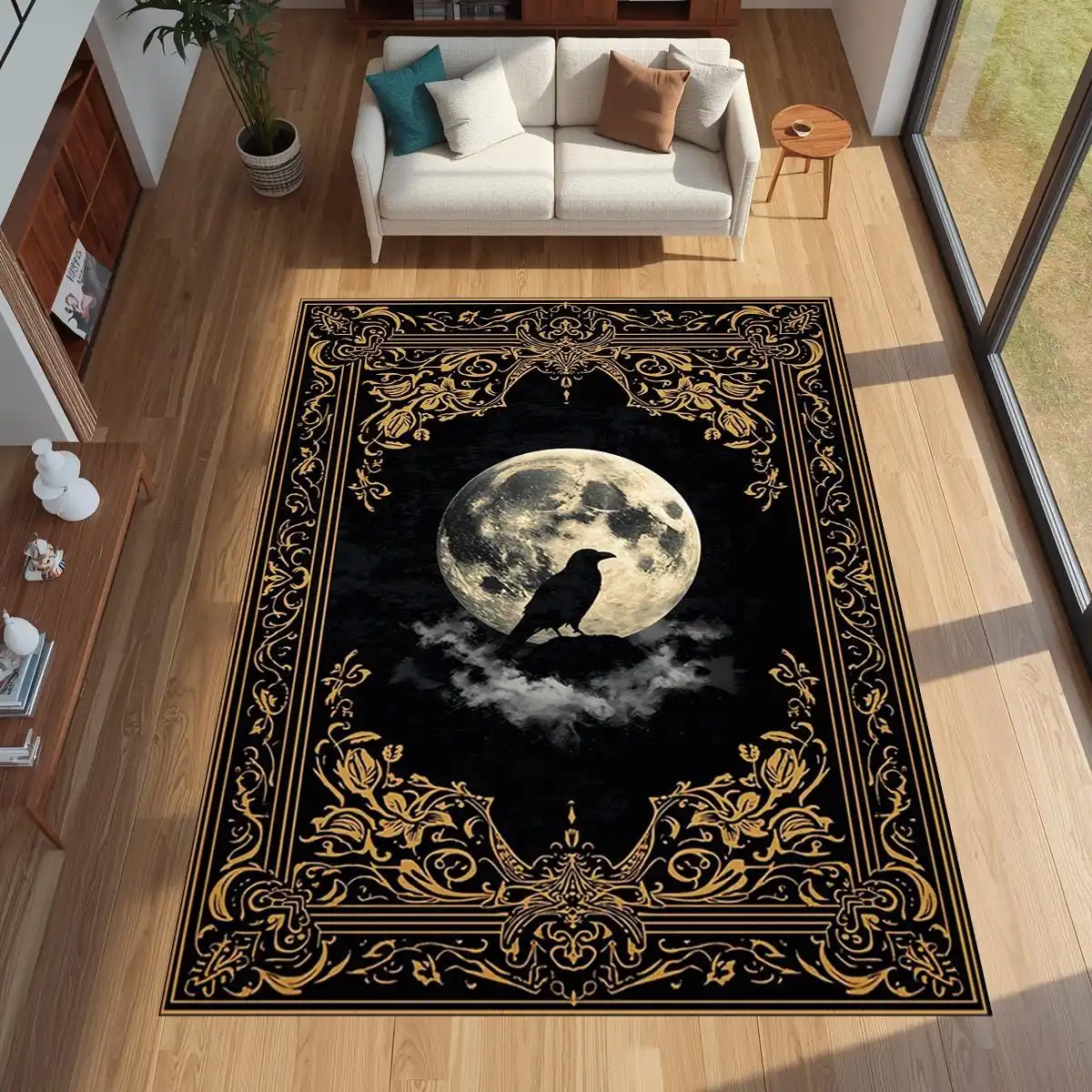 Gothic Golden Raven Full Moon print large Rug living room sofa rug coffee table area sunroom Washable Rug Present