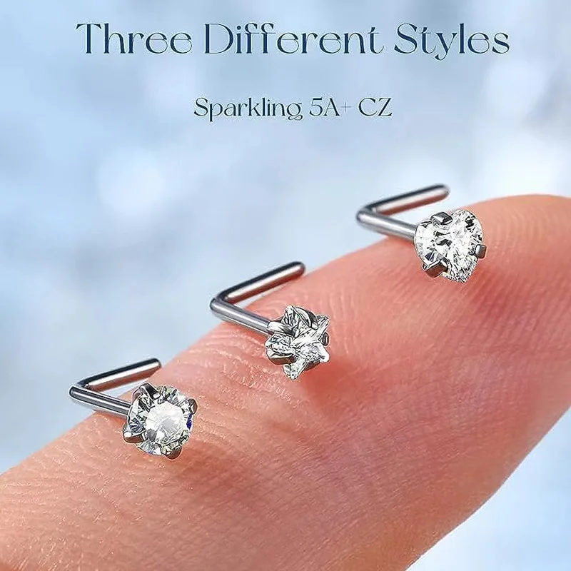 1 pc Peach Shape Heart Star Shiny Zircon Stainless Steel L-Shape Small Nose Ring Nose Studs Punk Nose Piercing Jewelry