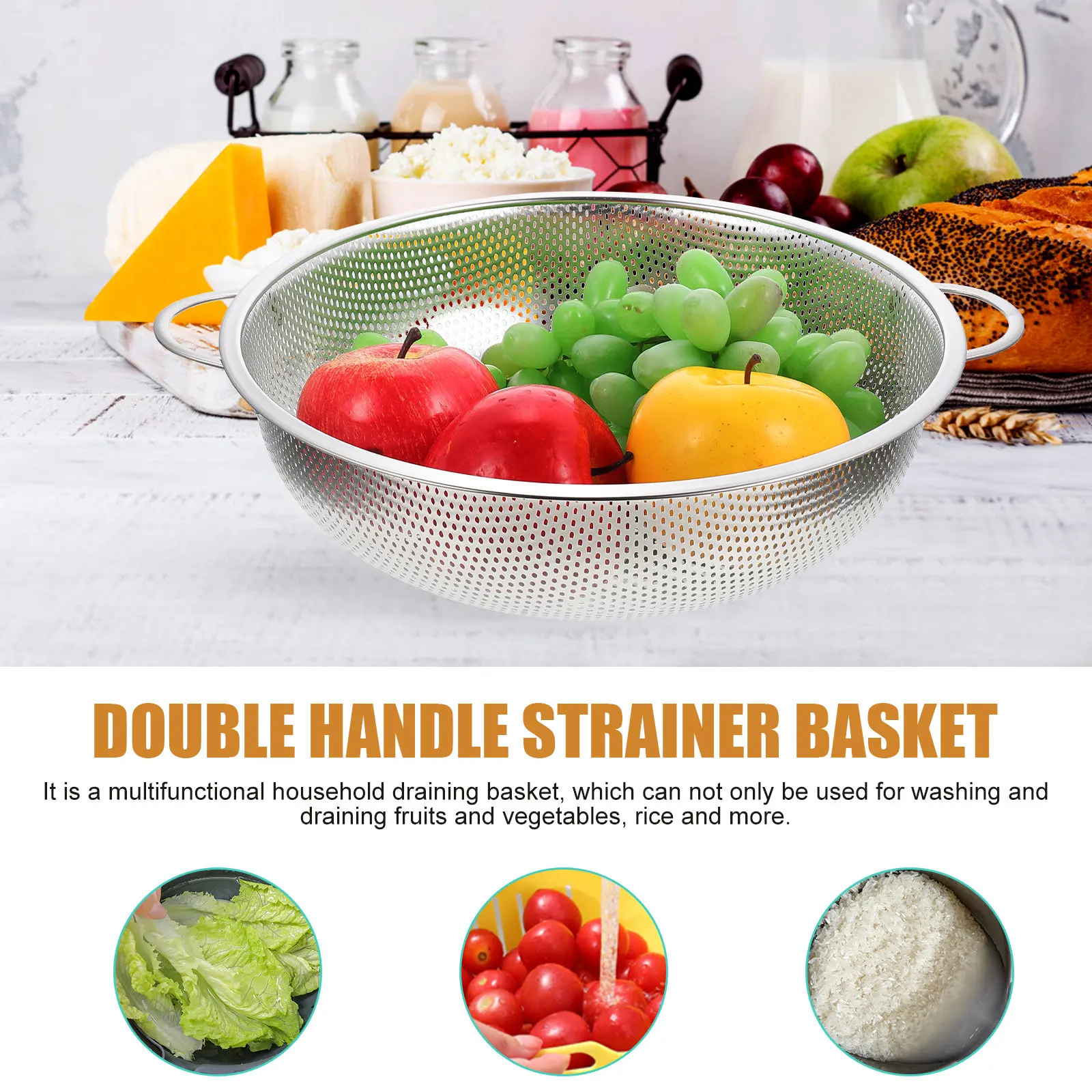 Premium Stainless Steel Drain Basket with Dual Handles Fine Polished Surface No Burrs for Fruit Vegetable Rice Washing Kitchen