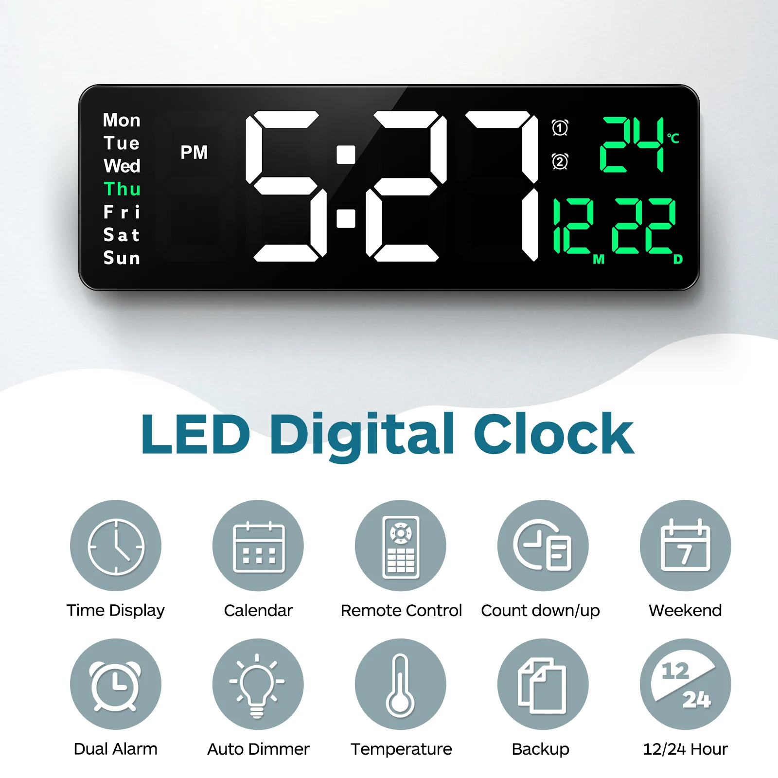 Digital Wall Clock with Temperature Alarm Clocks Mount Number for Plastic Large Office