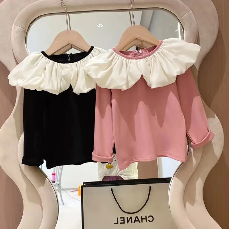 

Korean Autumn Children Girls Undershirt Cotton Bubble Spliced Collar Kids Girls Pullovers Round Collar Toddler Girls Basic Tops