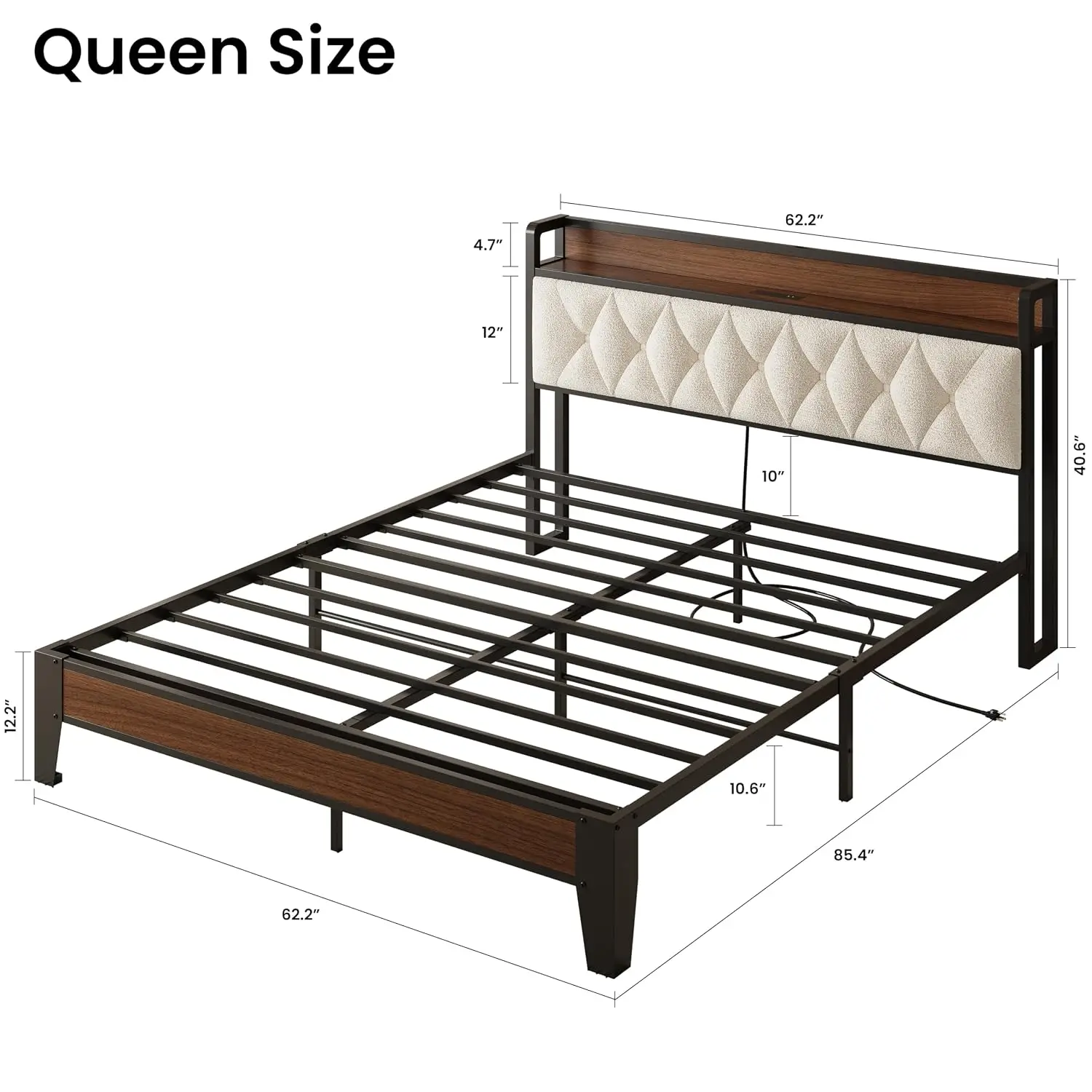 Queen Bed Frame Headboard Charging Station Wood Cream Upholstered Tufted Slat Support Noise Free No Box Spring, Customized