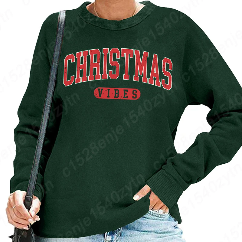 Women Fashion Hoodless Sweatshirt Christmas Vibes Print Round Neck Pullovers Ladies Casual Pure Color Pullovers Long Sleeve Tops