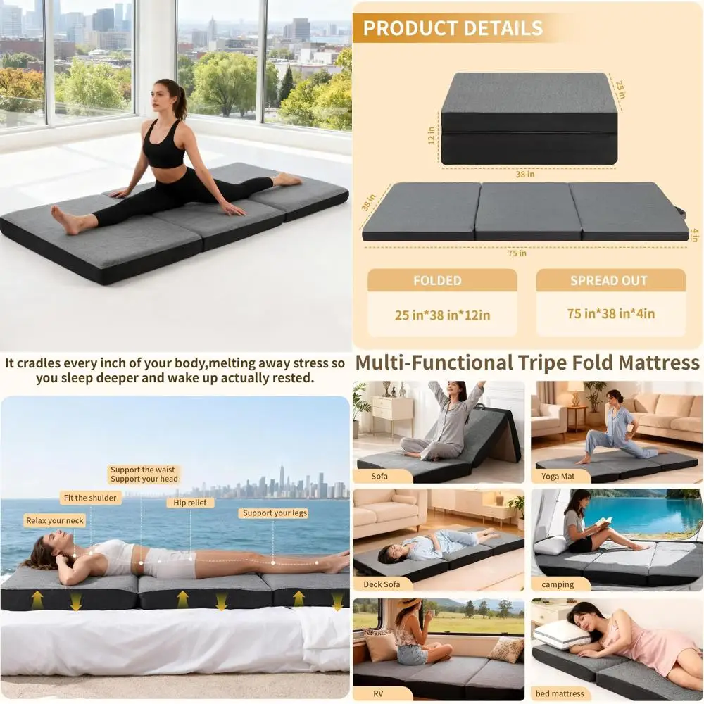 

Portable Memory Foam Twin Mattress with Handle, Non-Slip Base, Ideal for Kids, RV, Camping, and Yoga, 75x38x4 Inches