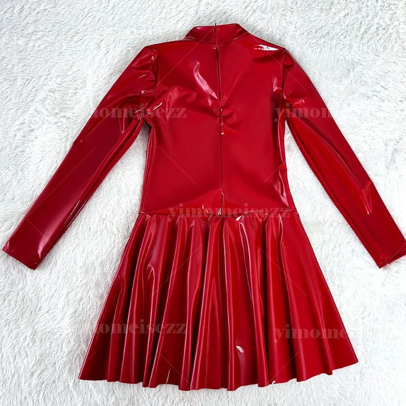 Aangepaste jumpsuit Latin prestatie-outfit Gespiegelde vierzijdige elastische latex + gekleurde verf Hoge hals jurk met lange mouwen 53