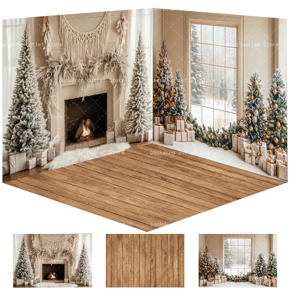 Mehofond Christmas Photography Background Winter Boho Fireplace Window Xmas Tree Kids Family Portrait Decor Photo Backdrop