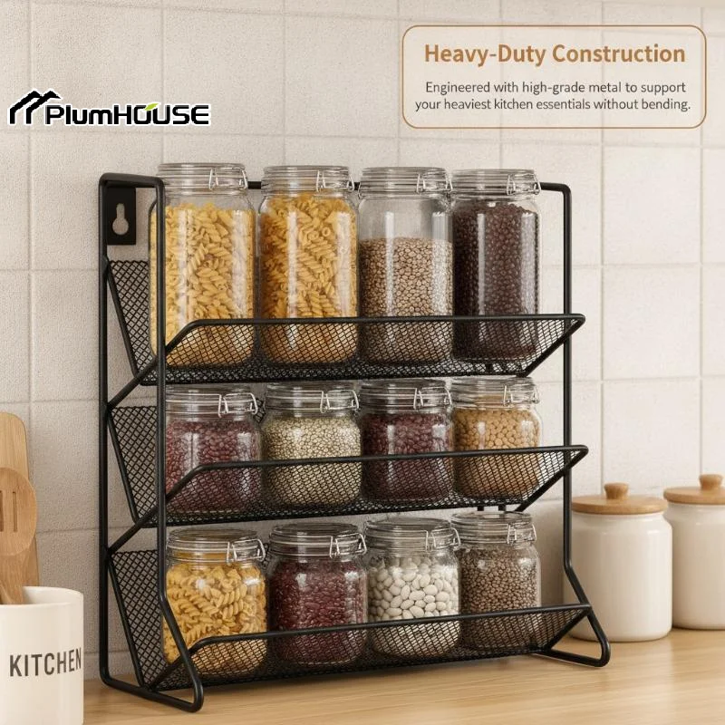 4 Tier Cupboard Storage Shelf Carbon Steel Spice Seasoning Jar Organizer Wall Mount Kitchen Spice Rack Non-Slip Pantry Organize