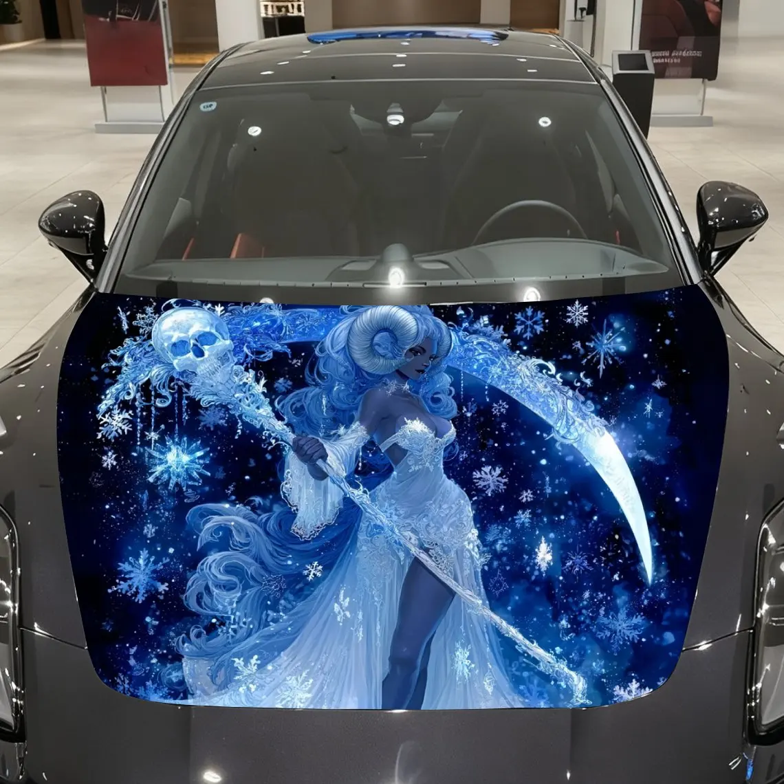 

Chilly Ice - Snow Horned Woman and Skull Sickle Car Vinyl Wrap, PVC Material Waterproof Car Hood Sticker, Self-Adhesive Scratch-