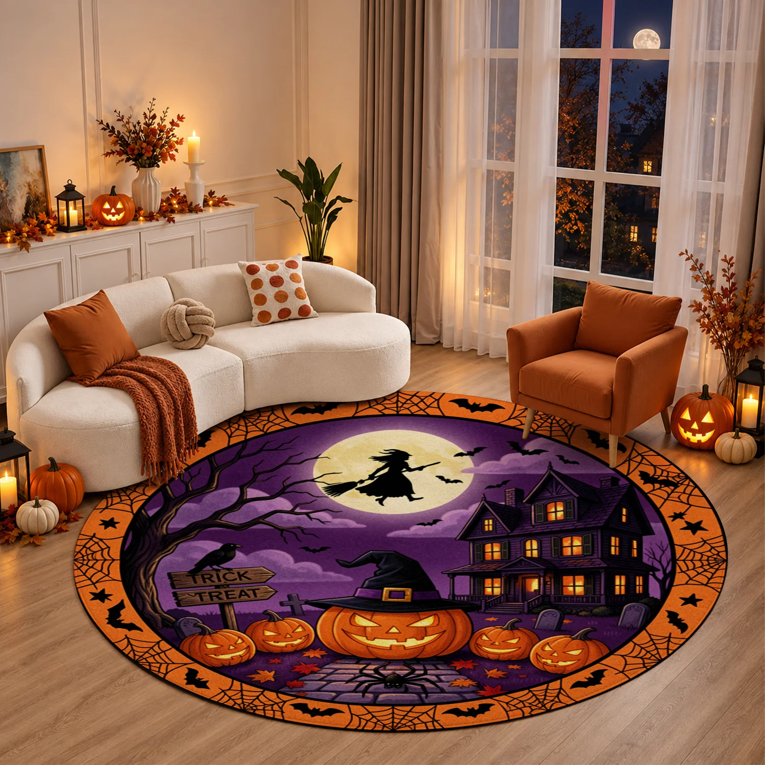 Haunted Witch Pumpkin Bat Spider Pattern Round Velvet Area Rug, Machine Washable Floor Rug for Living Room, Bedroom, Entryway, Ideal for Halloween, Thanksgiving, Christmas, New Year, Black Friday, Cyber Monday Decor
