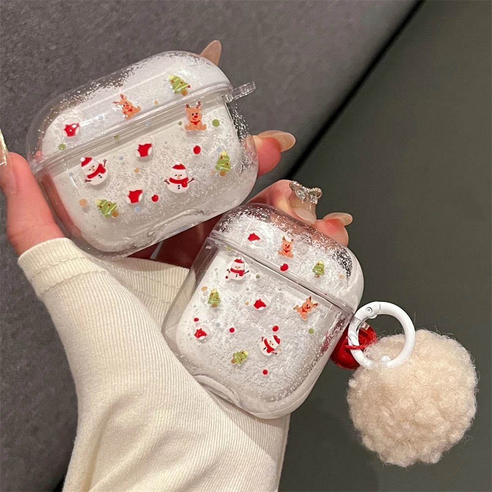 Cute Christmas Snowflake Quicksand Headphones Protective Shell Soft Cover For AirPods 1 2 3 4 Pro 2 With Hairball Pendant Case