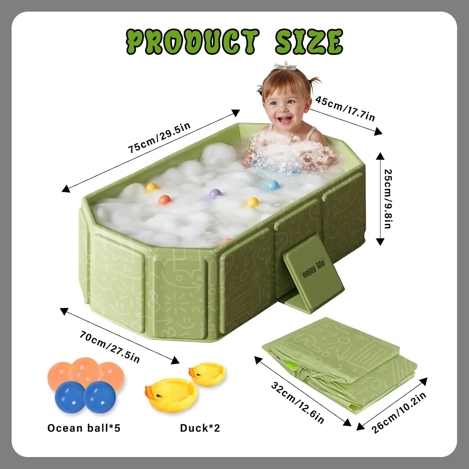 Durable Baby Tub Folding Baby Bath Tub Portable PVC Thicken Large Tub with Shower Ball Toys & Duck Toys for Baby Infant