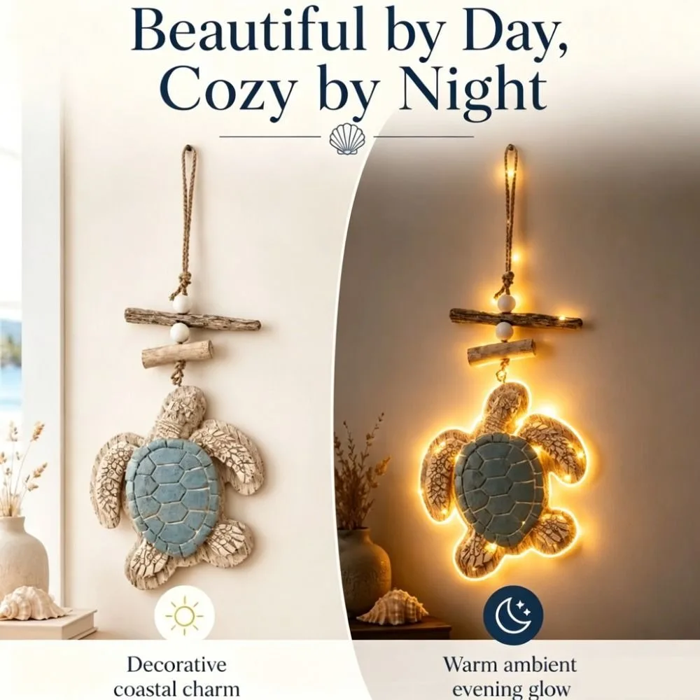 Wooden Resin Sea Turtle Hanging Decor Vintage Lighted Wooden Turtle Pendant Rustic Driftwood Coastal Wall Ornament