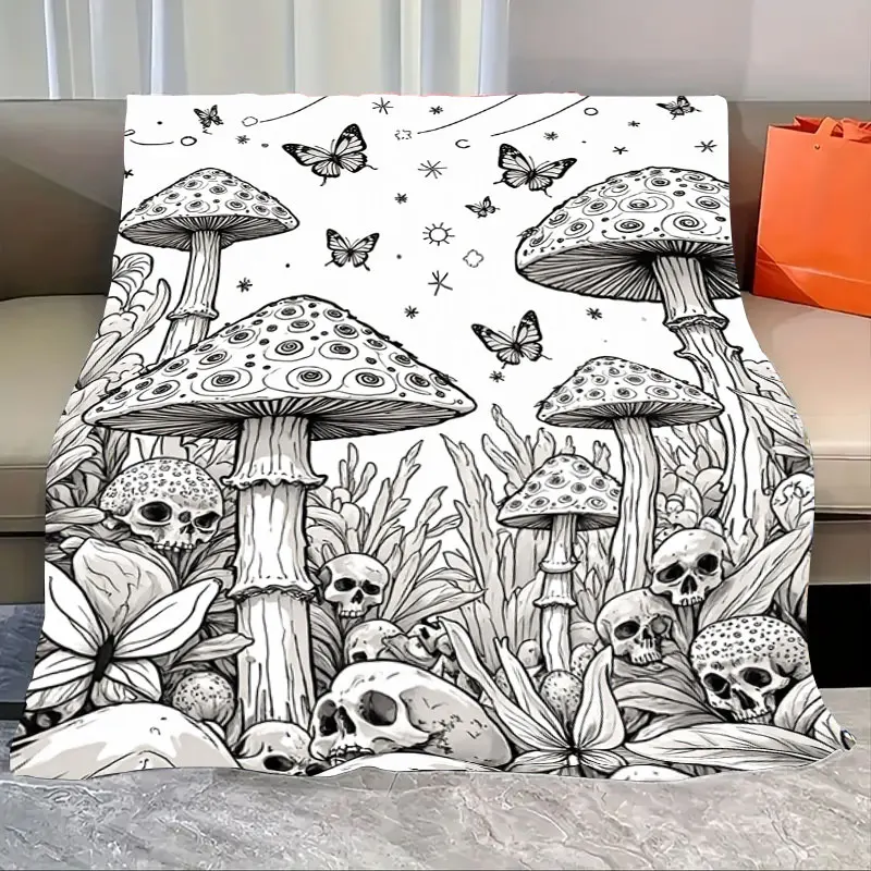 

1pc Flannel Blanket Boho Skulls & Mushrooms Blanket - Black & White Gothic Garden Design
