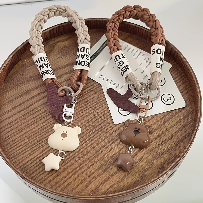 1pc Beige Bear Head Star Pendant Phone Lanyard Wrist Strap Car Keychain, Universal Pendant Lanyard for Phone Cases