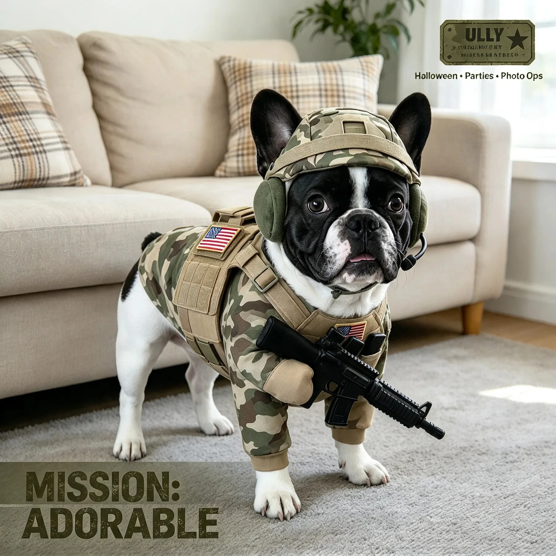 Dog Soldier Costume Set Camouflage, Tactical Vest Helmet Gun Prop, Pet Clothes For French Bulldog, Small Medium Dog Halloween Gi
