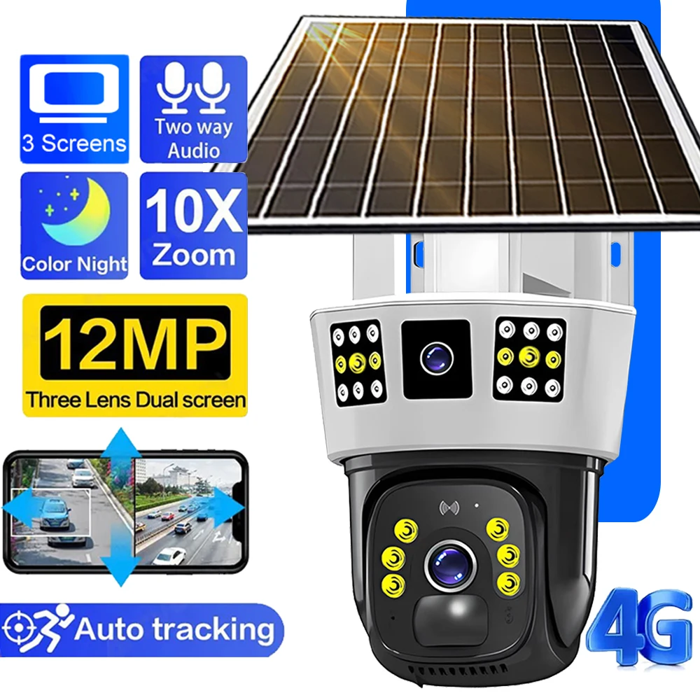 Câmera de Segurança IP Solar sem fio ao ar livre, Vigilância CCTV PTZ, Visão Noturna, PIR Cam Detecção Humana, Cartão SIM, WiFi, 6K, 12MP, 4G