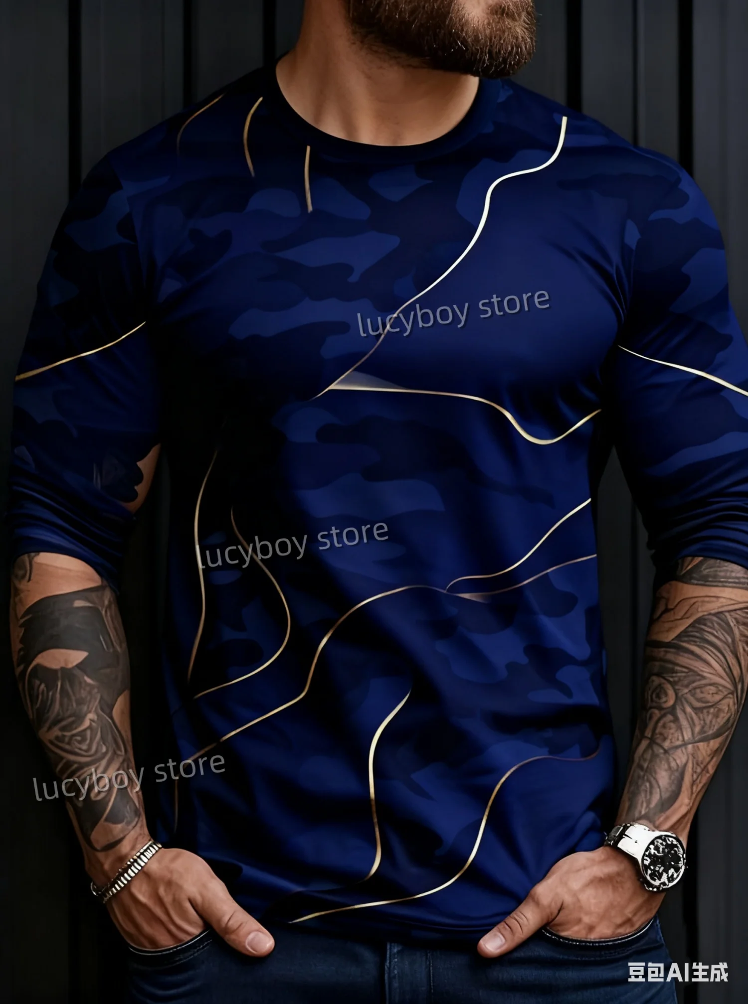 2025 Autumn Men's Geometric Camouflage Pattern Crew Neck Long Sleeve Vintage T Shirt Men Loose Sports O-Neck Men Clothing
