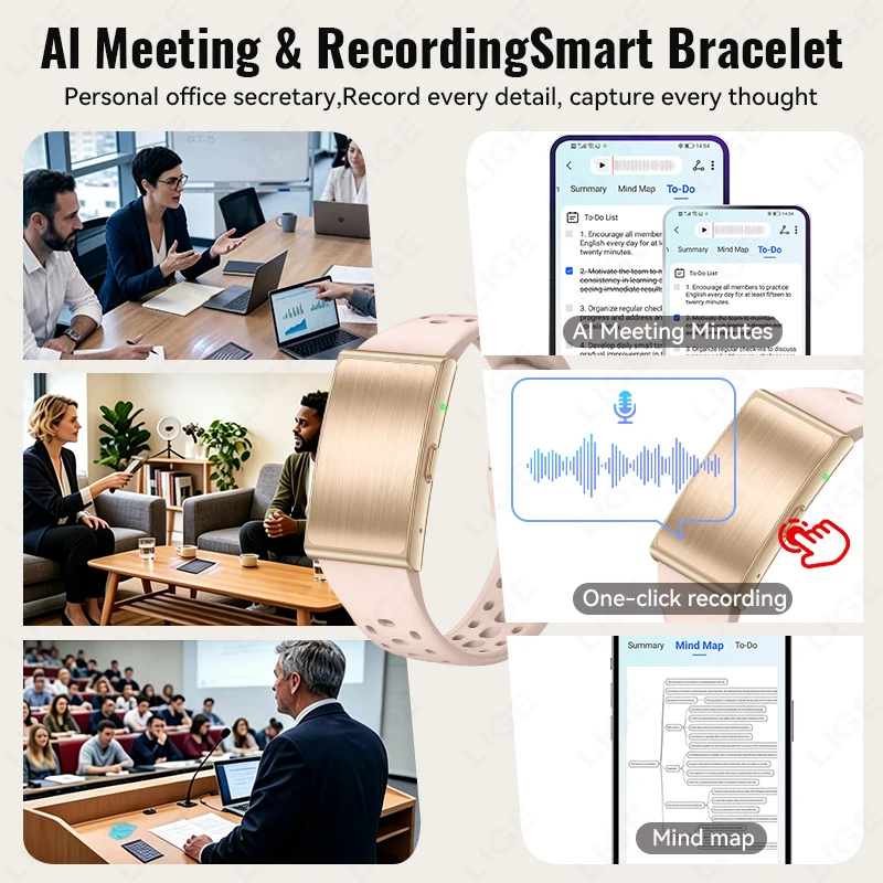 AI Transcription Voice Recorder Wristband 1GB Storage AI Recording Heart Rate Monitor 160+ Sports Modes Call Reminder Bracelet
