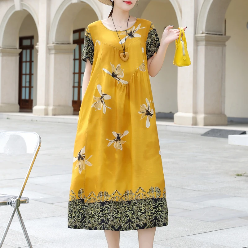 Vestidos informales de verano para mujer, ropa holgada de manga corta con cuello redondo y estampado Floral, Estilo Vintage, nueva moda