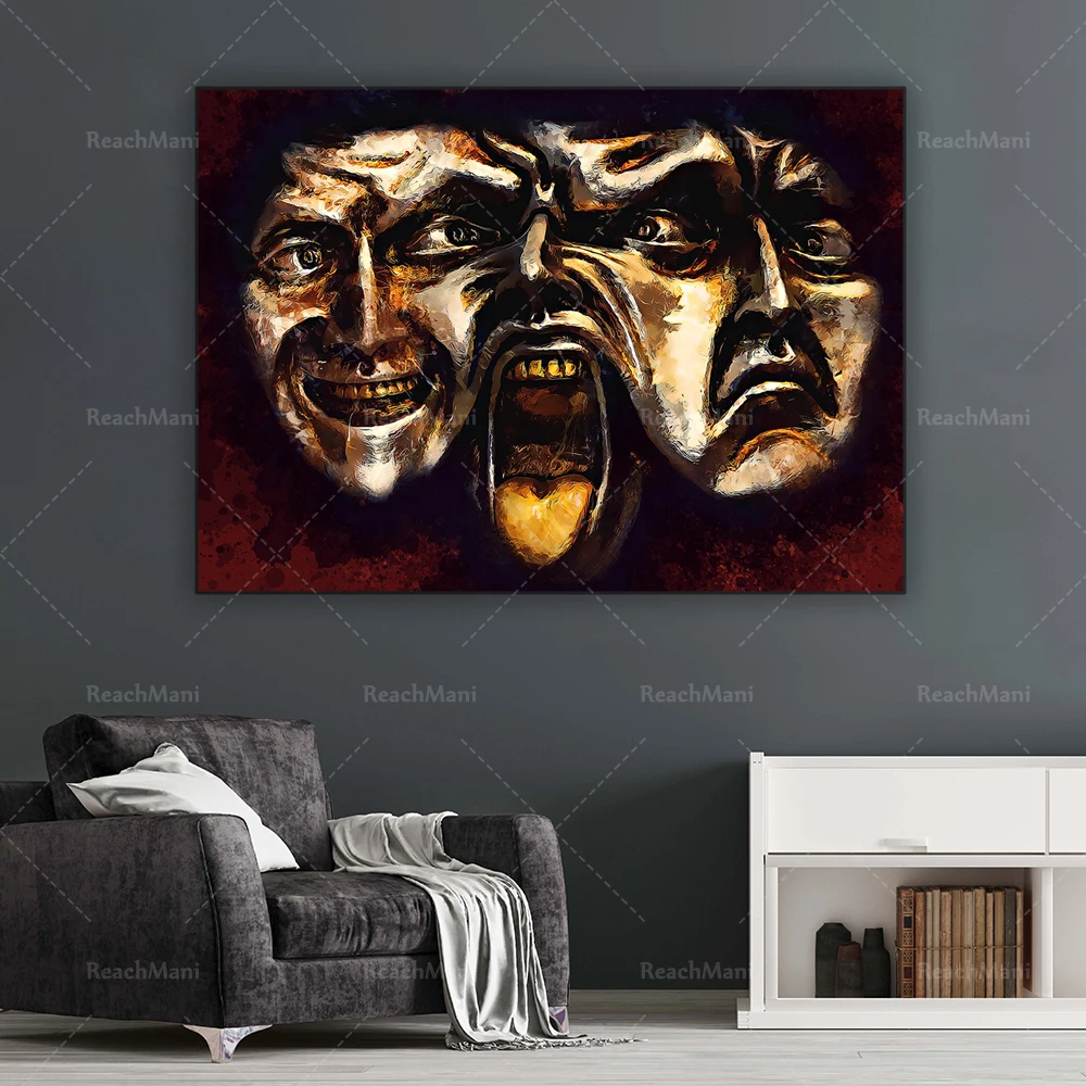 Theater Mask Prints Canvas Prints, Comedy and Tragedy Theater Masks Abstract Paintings, Theater Wall Decor Posters, Actor Gifts view 3