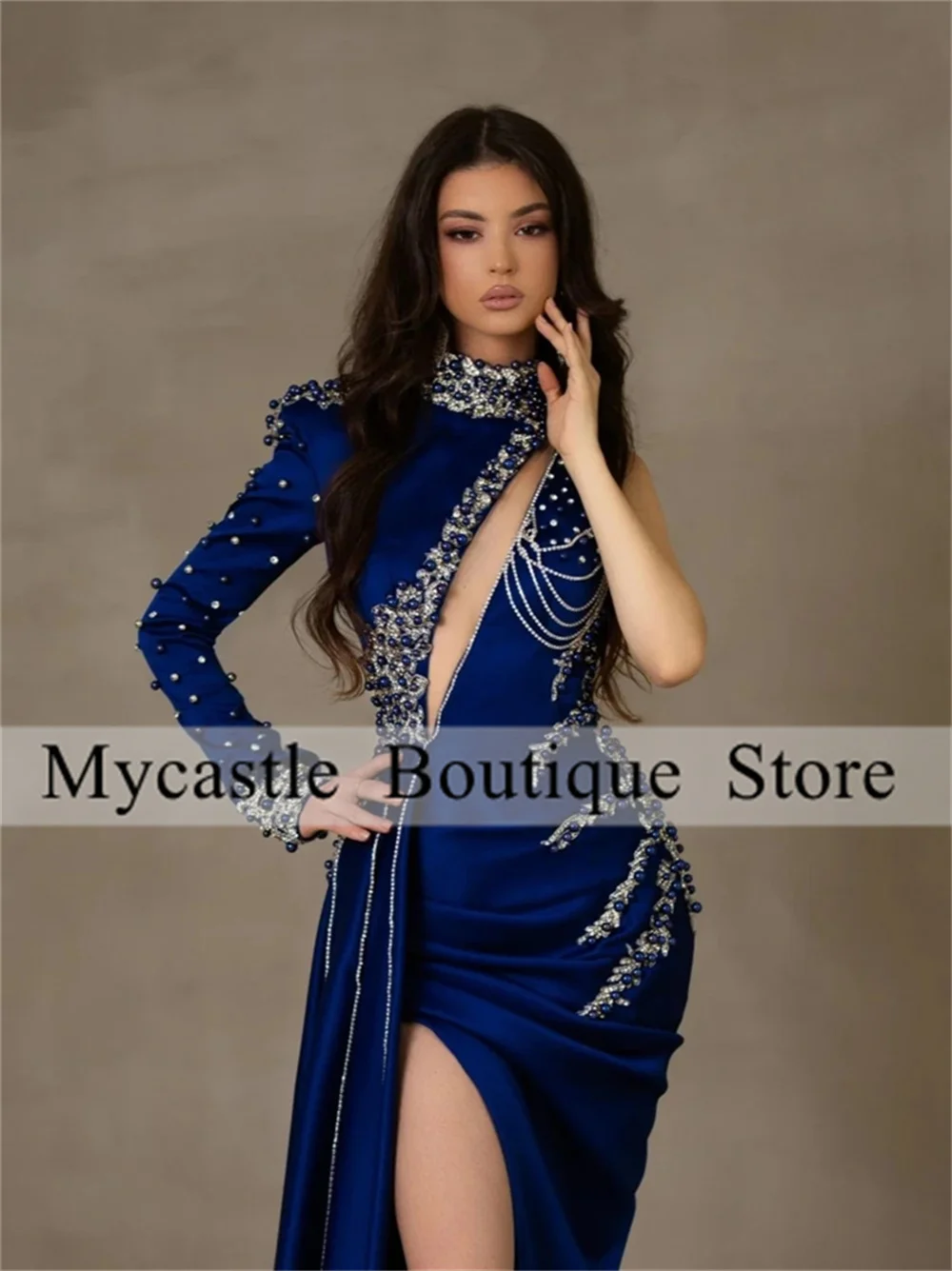 Royal Blue Satin Tassels Prom Dress 2025 One Shoulder Beaded Appliques Side Slit Evening Dresses Formal Party Dress Customized