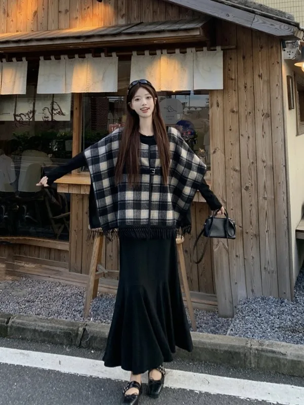 

plus Size Women's Vintage Plaid Knitted oulder Wrap Coat Top Autumn New Waist Cinching Inner Dr Set High Waist A-Line Dr