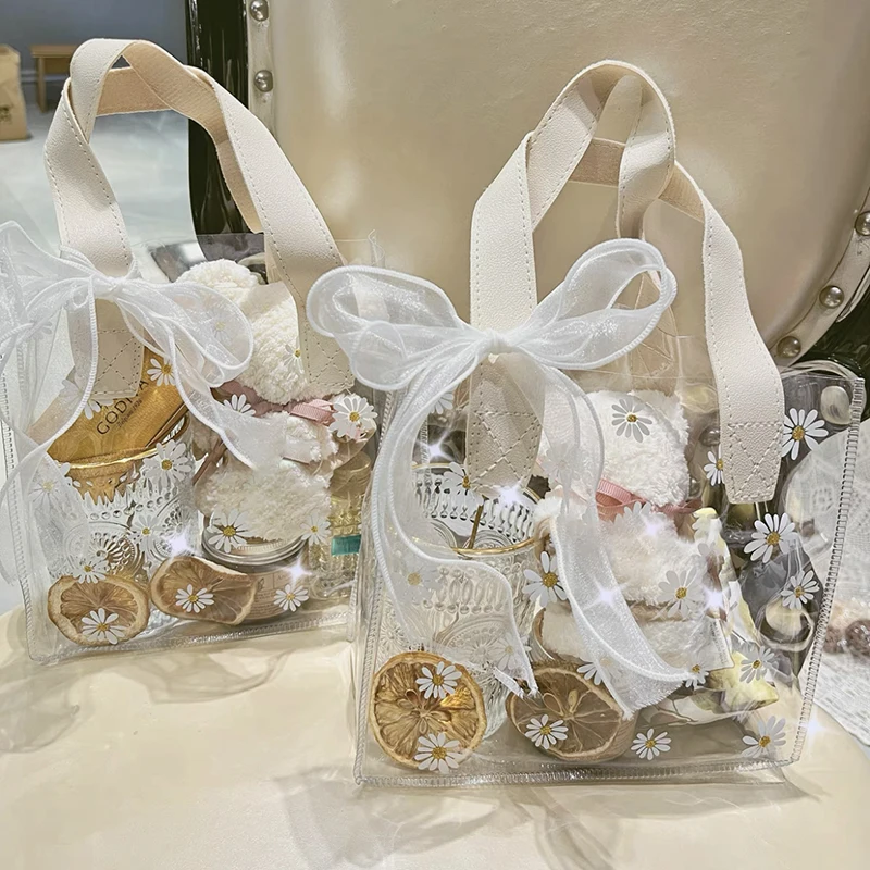 

Little Daisy Transparent Plastic Bag Storage Shopping Bags with Ribbon Wedding Party Favors Birthday Gifts Candy Cake Wrapp Bags